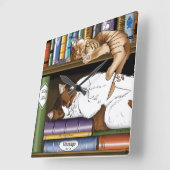 猫の本棚 スクエア壁時計 (傾斜)