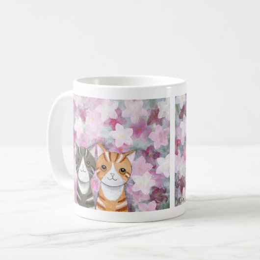 猫の桜のマグのかわいい虎猫猫の花 コーヒーマグカップ (正面左)