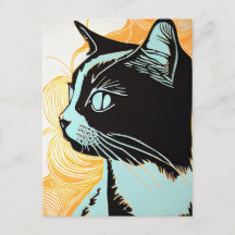 猫の横顔の木版画