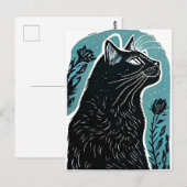 猫の横顔の木版画 ポストカード (正面/裏面)