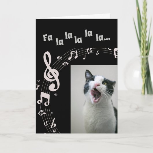 猫の歌うユーモアのクリスマスカードブラック&ホワイト シーズンカード (正面)