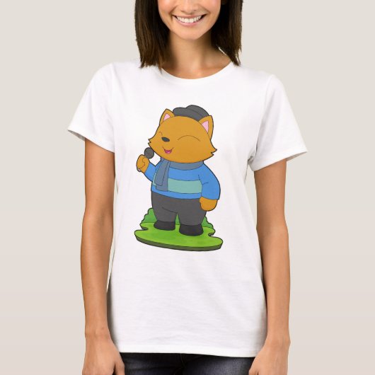 猫の歌手 マイクで歌う Tシャツ (正面)
