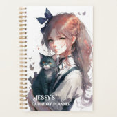 猫の水彩画を手にしたハッピーキャットデイ プランナー手帳 (正面)