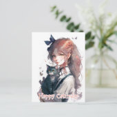 猫の水彩画を手にしたハッピーキャットデイ ポストカード (スタンド正面)