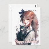 猫の水彩画を手にしたハッピーキャットデイ ポストカード (正面/裏面)