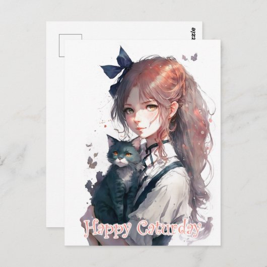 猫の水彩画を手にしたハッピーキャットデイ ポストカード (正面/裏面)