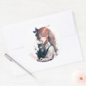 猫の水彩画を手にしたハッピーキャットデイ ラウンドシール (封筒)