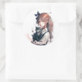 猫の水彩画を手にしたハッピーキャットデイ ラウンドシール (バッグ)