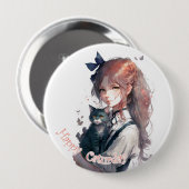 猫の水彩画を手にしたハッピーキャットデイ 缶バッジ (正面&裏面)