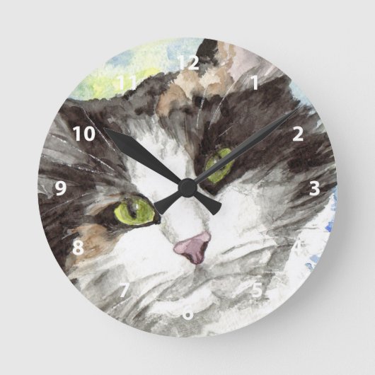 猫の水彩画ウォールクロック ラウンド壁時計 (正面)