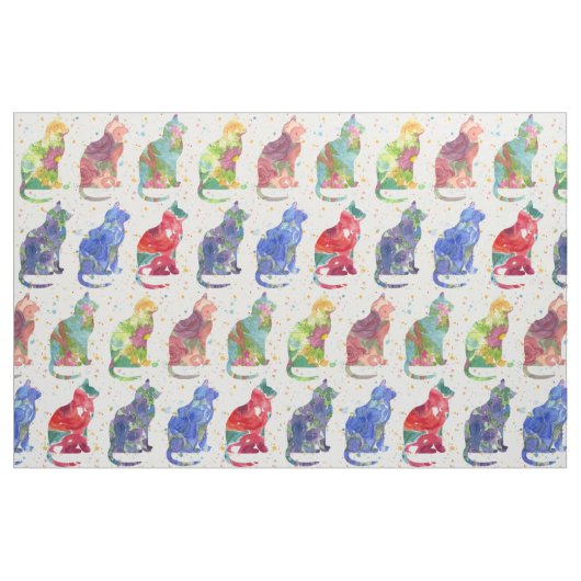 猫の水彩花の斑点 ファブリック (ファットクウォーター)