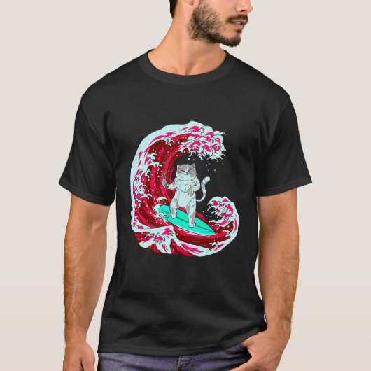 猫の波乗りと寿司を食べる Tシャツ (正面)