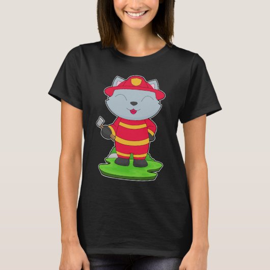 猫の消防士と斧 消防署 Tシャツ (正面)