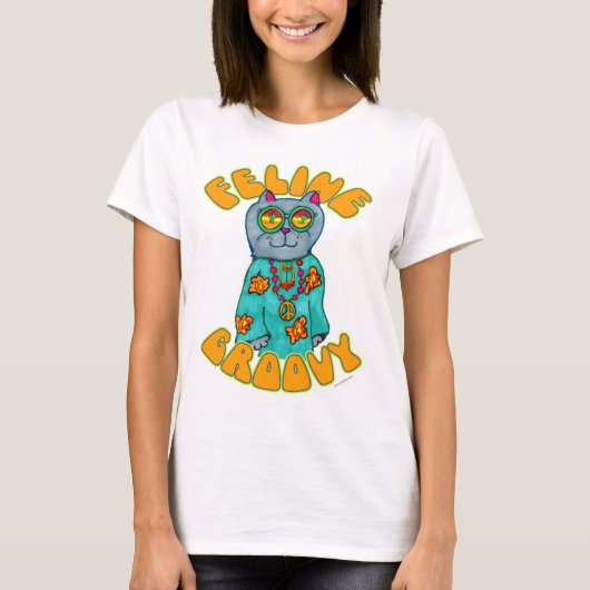 猫の猫好きのヒッピー猫の漫画 Tシャツ (正面)