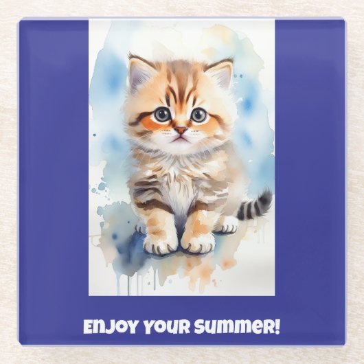 猫の画像テキスト 青 ガラスコースター (正面)