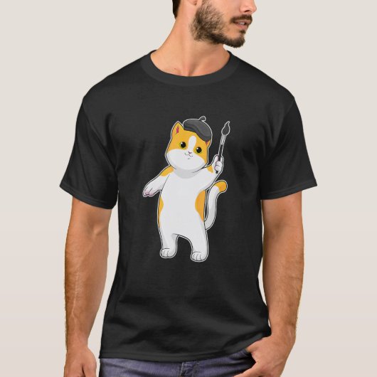 猫の画家ペイントブラシ Tシャツ (正面)