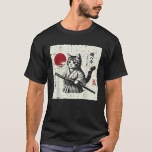 猫の着物と刀 かわいい浮世絵 日本風 少年デザイン Tシャツ