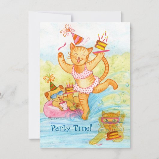 猫の第5誕生日のプールを囲んでのパーティ 招待状 (正面)