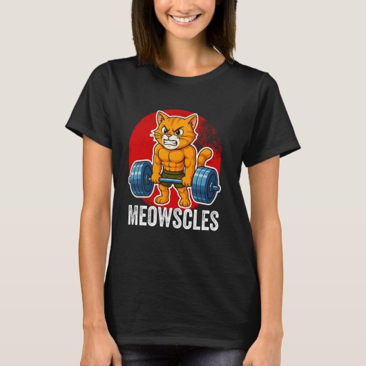 猫の筋肉ジム ウエイトリフティング 猫好き  Tシャツ (正面)