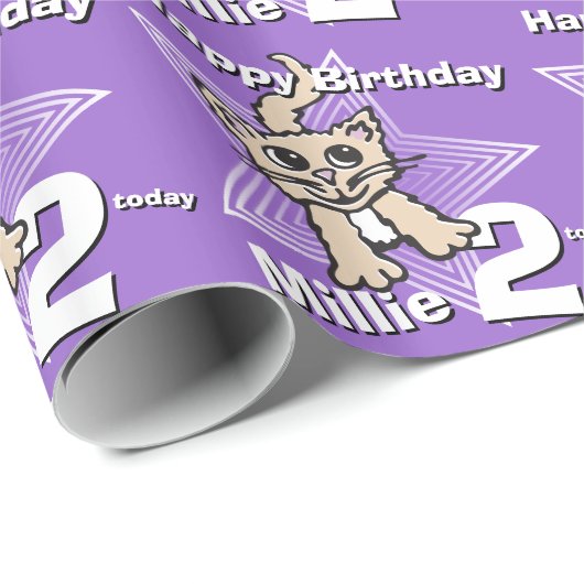 猫の紫色はあなたの年齢および名前の誕生日の覆いを加えます ラッピングペーパー (ロールコーナー)