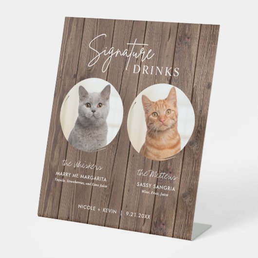 猫の結婚式のシグネチャードリンク カクテルバー 木製 台座サイン (正面)