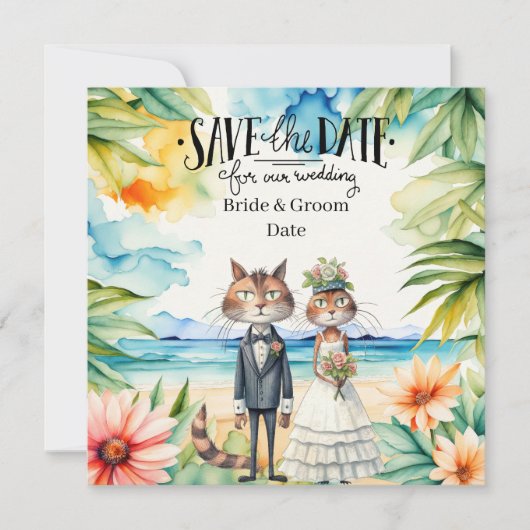猫の結婚式 ビーチウェディング テーマ セーブザデート (正面)