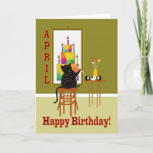 猫の絵画のお誕生日ケーキ4月 カード