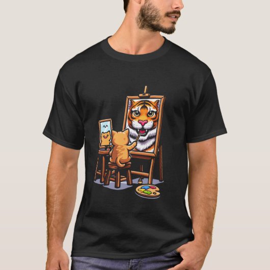 猫の絵画 ライオン 動物の絵 抽象アート 苦痛 Tシャツ (正面)