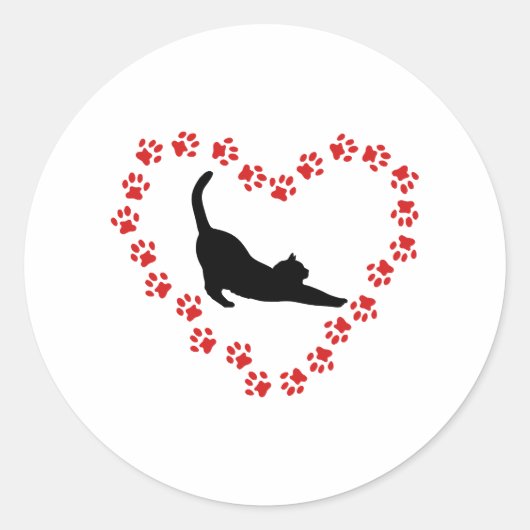 猫の肉球でできた猫とハート ラウンドシール (正面)