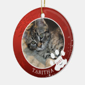 猫の肉球プリントクリスマス 赤い雪の結晶 星の写真 セラミックオーナメント (左)