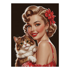 猫の肖像画と微笑むピンナップガール ポスター