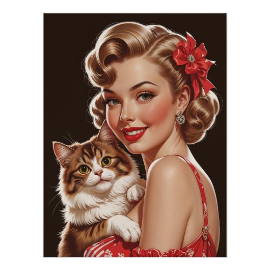 猫の肖像画と微笑むピンナップガール ポスター (正面)