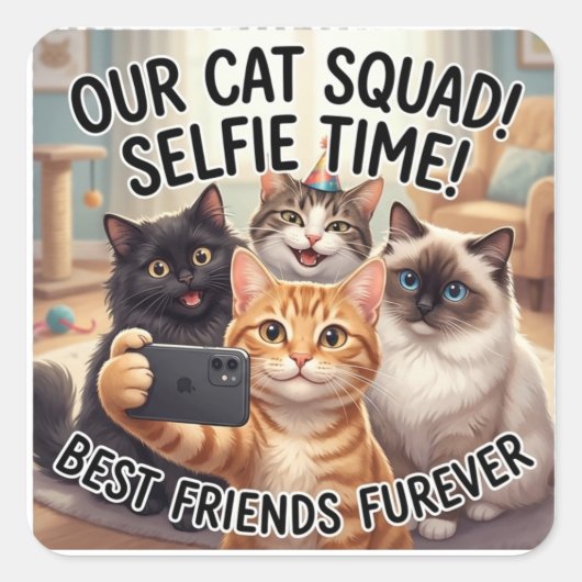 猫の自撮りステッカー 面白い猫の仲間 スクエアシール (正面)
