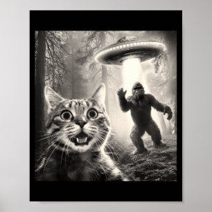 猫の自撮り 森林 木々 エイリアン UFO ビッグフット 幽默 ポスター