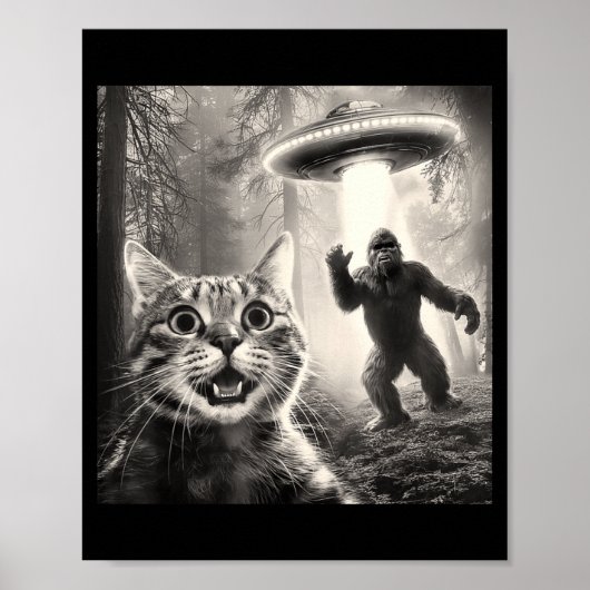 猫の自撮り 森林 木々 エイリアン UFO ビッグフット 幽默 ポスター (正面)