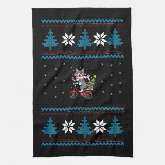 猫の自転車クリスマス キッチンタオル (縦)