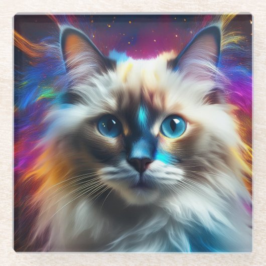 猫の色の爆発背景のラグドール品種 ガラスコースター (正面)
