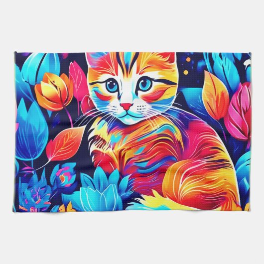 猫の花のファンタジー キッチンタオル (横)