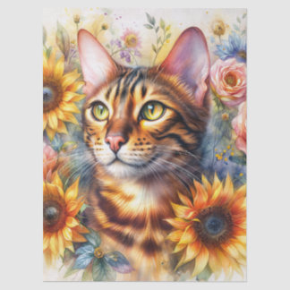 猫の花の水彩肖像画アート 薄葉紙