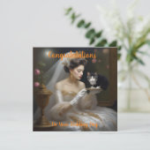 猫の花嫁の油彩画、フラットな結婚式のカード カード (スタンド正面)
