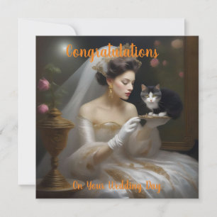 猫の花嫁の油彩画、フラットな結婚式のカード カード