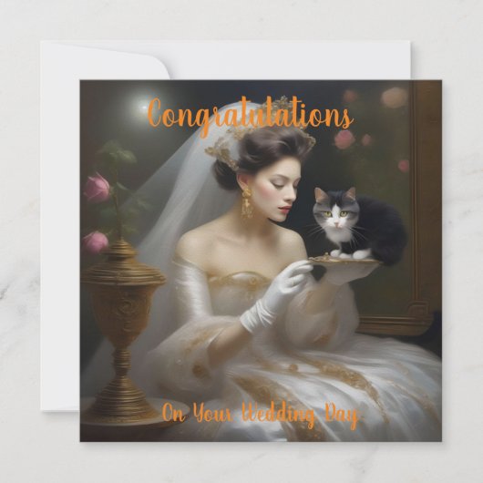 猫の花嫁の油彩画、フラットな結婚式のカード カード (正面)