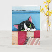 |猫の芸術の挨拶状を隠しているタキシード猫 カード (黄色い花)