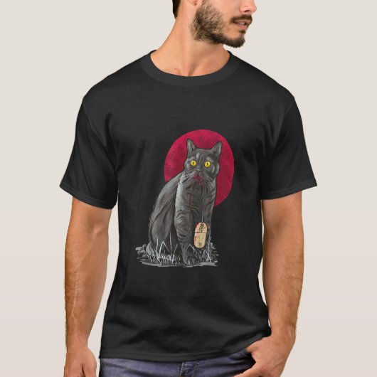 猫の血のコンピューターマウス月赤ハロウィンの夜 Tシャツ (正面)