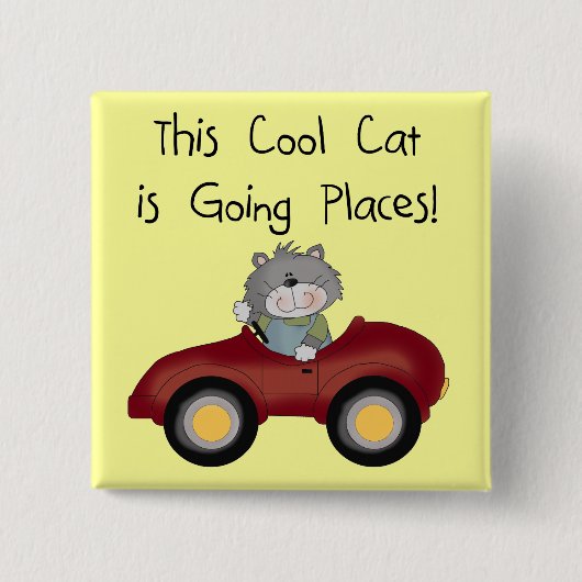 猫の行く場所赤い車のTシャツおよびギフト 缶バッジ (正面)