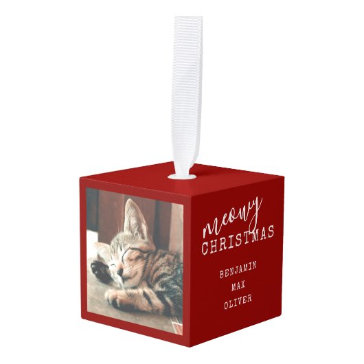 猫の複数の写真メオウィクリスマス素朴 キューブオーナメント (正面アングル)