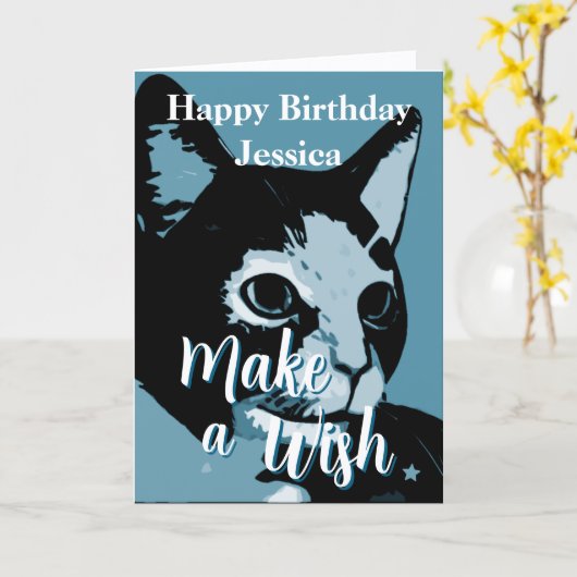 猫の誕生日をお祝いするキュートで芸術的なデザイン カード (黄色い花)