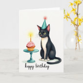猫の誕生日カップケーキカード カード (黄色い花)