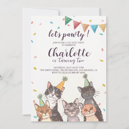 猫の誕生日パーティーを楽しもう 招待状 (正面)