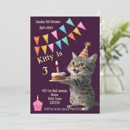 猫の誕生日パーティー子猫お祝い招待状 招待状 (スタンド正面)